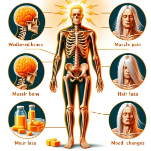 این تصویر نشان‌دهنده تأثیرات کمبود ویتامین D بر بدن انسان است که شامل ضعف استخوان‌ها، درد عضلانی، ریزش مو و تغییرات خلقی می‌باشد.