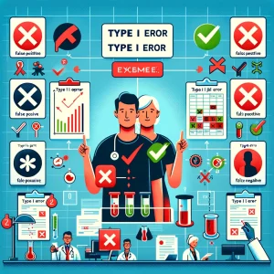 این تصویر نشان‌دهنده خطاهای نوع یک (Type I Error) و نوع دو (Type II Error) در پژوهش‌های پزشکی است. تصویر به دو بخش مجزا تقسیم شده است: یکی برای خطای نوع یک (False Positive) و دیگری برای خطای نوع دو (False Negative). هر بخش شامل نمادها یا آیکون‌هایی مانند یک 'X' قرمز و تیک سبز برای خطای نوع یک، و یک تیک سبز و 'X' برای خطای نوع دو است. همچنین، نمودارها یا دیاگرام‌های ساده‌ای برای توضیح مفاهیم در هر بخش وجود دارد