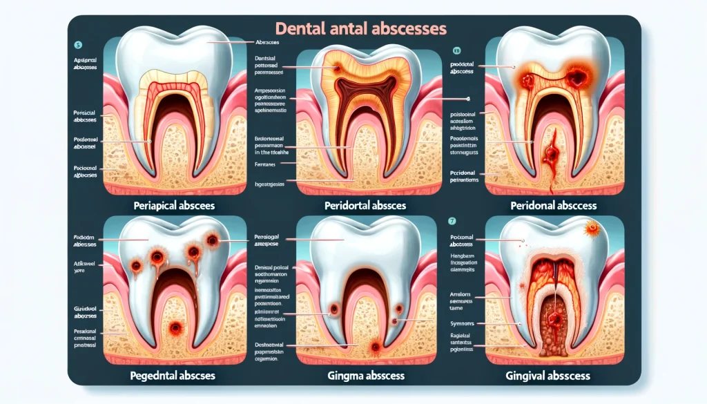 انواع آبسه دندان، شامل آبسه پری‌آپیکال، آبسه پریودنتال و آبسه لثه‌ای
