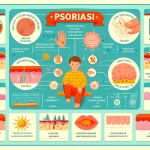 این تصویر اینفوگرافیک در مورد بیماری پسوریازیس، شامل عوامل ژنتیکی، نقش سیستم ایمنی، عوامل محیطی، علائم شایع، انواع مختلف پسوریازیس، تشخیص، درمان‌ها و نکات مدیریت سبک زندگی است.