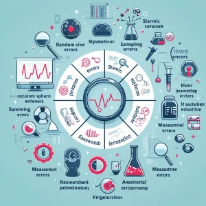این تصویر نشان‌دهنده انواع خطاها در پژوهش‌های پزشکی است. هر بخش از تصویر نمایانگر یک نوع خطای مختلف است: خطاهای تصادفی، خطاهای سیستماتیک، خطاهای نمونه‌گیری، خطاهای اندازه‌گیری، و خطاهای تحلیلی. هر بخش دارای نمادها و آیکون‌هایی است که خطای خاصی را نشان می‌دهد
