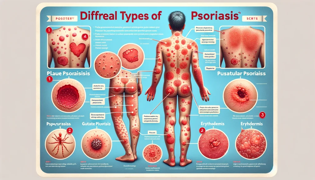 در اینجا تصویری از اینفوگرافیک انواع مختلف پسوریازیس، شامل پسوریازیس پلاکی، پسوریازیس گوتات، پسوریازیس پوسچولار و پسوریازیس اریترودرمیک است. هر نوع با مناطق متأثر و علائم خاص آن مانند لکه‌های قرمز و پوسته‌پوسته برای پسوریازیس پلاکی، لکه‌های کوچک قرمز برای پسوریازیس گوتات، تاول‌های پر از چرک برای پسوریازیس پوسچولار، و قرمزی گسترده برای پسوریازیس اریترودرمیک نشان داده شده است