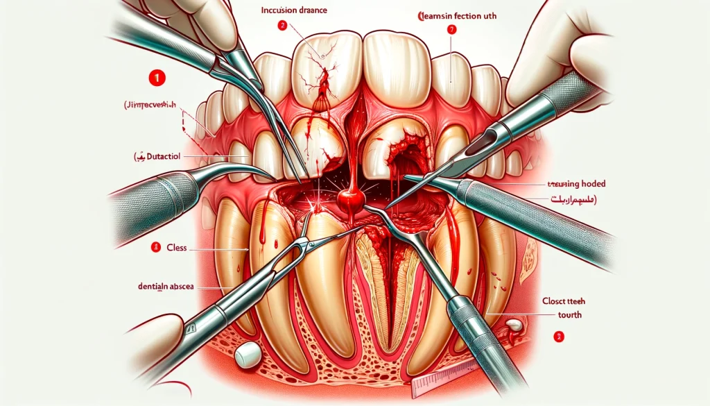 صویر از جراحی آبسه دندان آمده است که مراحل شامل برش و تخلیه آبسه، تمیز کردن ناحیه عفونی و بستن زخم را نشان می‌دهد. ابزارهای دندانپزشکی مورد استفاده و دندان آسیب دیده نیز در تصویر دیده می‌شوند