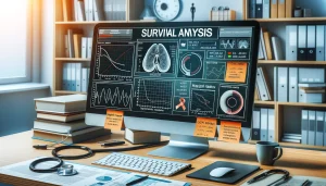تصویر زیر نمایش‌دهنده تحلیل بقا در تحقیقات پزشکی است. این تصویر شامل یک فضای کاری با کامپیوتری است که نمودارها و جداول تحلیل بقا را نشان می‌دهد، از جمله منحنی‌های کاپلان-مایر و مدل خطرات متناسب کاکس. روی میز، کتاب‌های پزشکی، مقالات تحقیقاتی و یک گوشی پزشکی دیده می‌شوند. همچنین برچسب‌های یادداشت‌دار با کلمات کلیدی مانند "Survival Analysis"، "Kaplan-Meier"، "Cox Model" و "Hazard Ratio" نیز حضور دارند که محیطی حرفه‌ای و تحلیلی را منعکس می‌کنند.